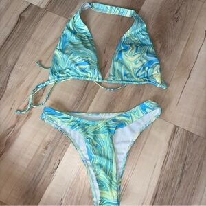 Vibrant Blue Teal & Lime Green/ Yellow Swirl Bikini Set